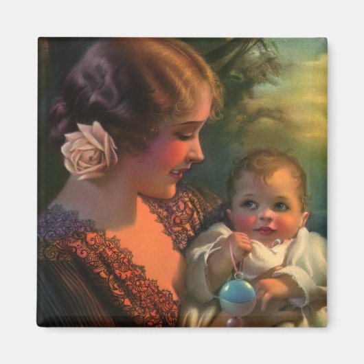 ヴィンテージ母の日ポートレート、母とベビー マグネット (正面)