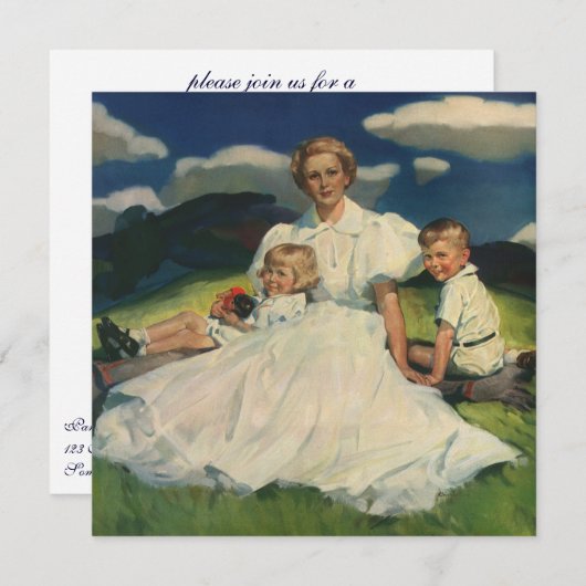 ヴィンテージ母の日、子どもがいる母 招待状 (正面/裏面)