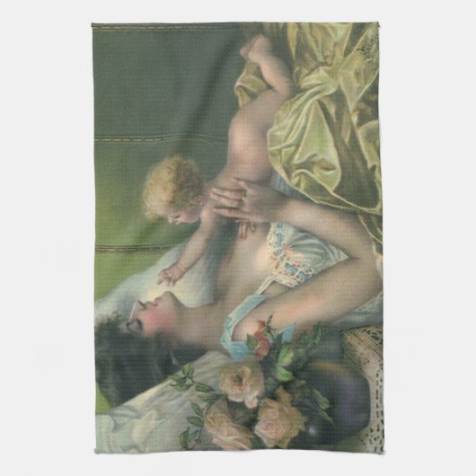 ヴィンテージ母の日、母とビクトリアンベビー キッチンタオル (縦)