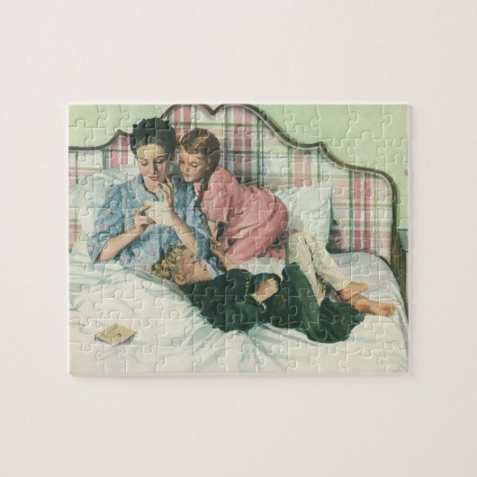 ヴィンテージ母の日，読ベッドの子供のカード ジグソーパズル (横)