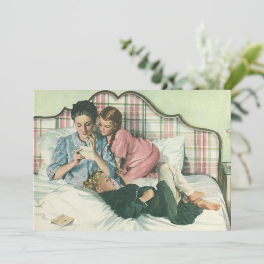 ヴィンテージ母の日,読ベッドの子供のカード 招待状 (スタンド正面)