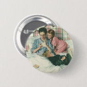 ヴィンテージ母の日，読ベッドの子供のカード 缶バッジ (正面&裏面)