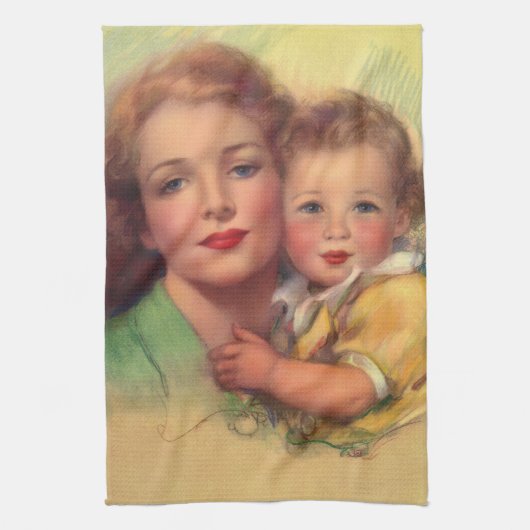 ヴィンテージ母子家庭ポートレート キッチンタオル (縦)