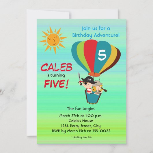 ヴィンテージ気球アドベンチャー子供の誕生日 招待状 (正面)
