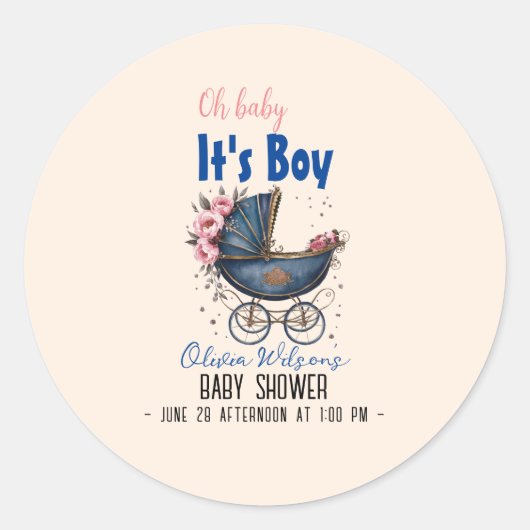 ヴィンテージ水の色pramそれは男の子の赤ちゃんシャワー ラウンドシール (正面)