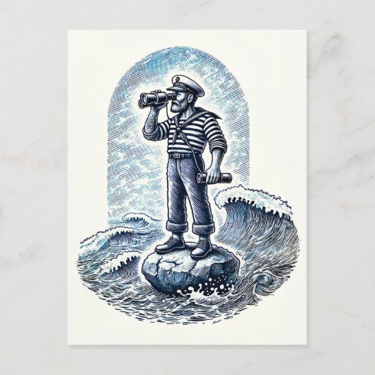 ヴィンテージ水兵が岩に立つ ポストカード (正面)