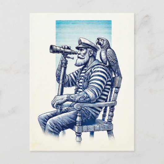 ヴィンテージ水夫と双眼鏡とオウム ポストカード (正面)