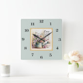 ヴィンテージ水彩の花と引用文 スクエア壁時計 (ホーム)