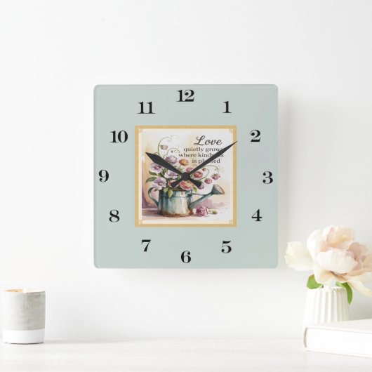 ヴィンテージ水彩の花と引用文 スクエア壁時計 (ホーム)