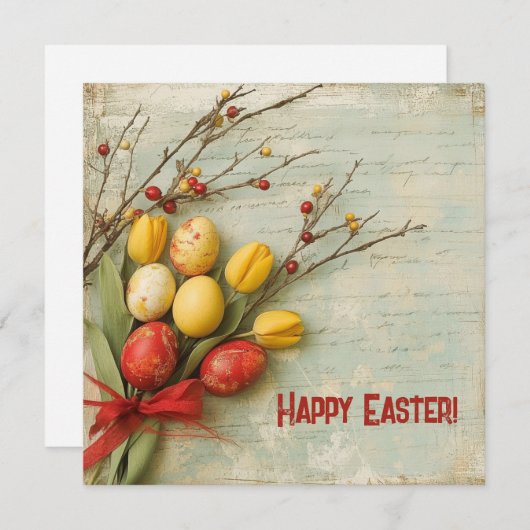 ヴィンテージ水彩の赤と黄色のイースターエッグ シーズンカード (正面/裏面)