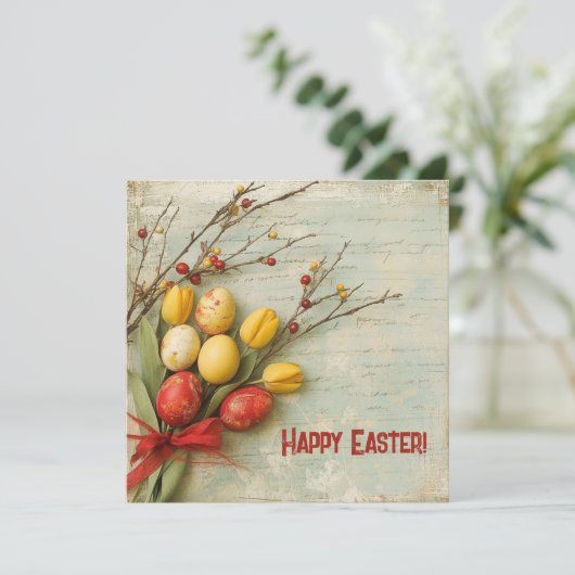 ヴィンテージ水彩の赤と黄色のイースターエッグ シーズンカード (スタンド正面)