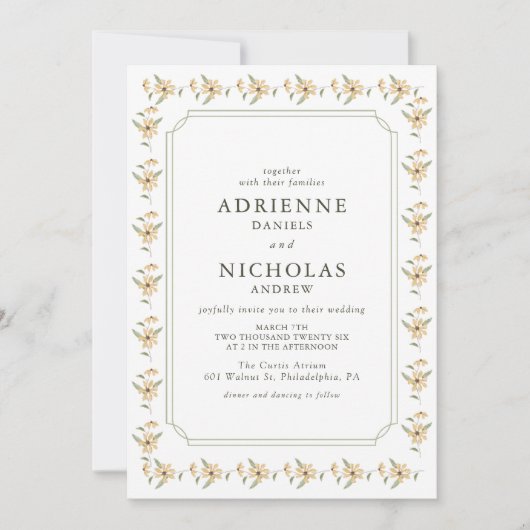 ヴィンテージ水彩イエローフローラ結婚ズ 招待状 (正面)