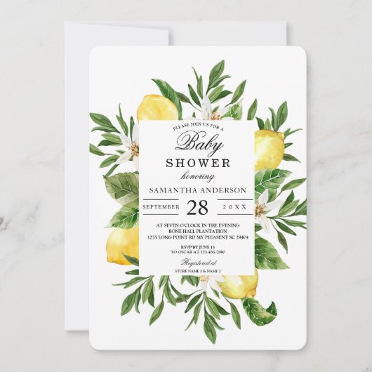 ヴィンテージ水彩イエローレモン&リーフフレーム 招待状 (正面)