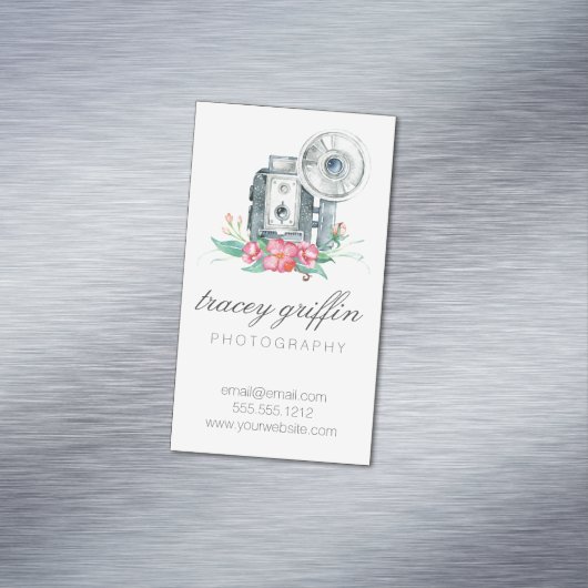 ヴィンテージ水彩カメラと花 マグネット名刺 (インサイチュ)