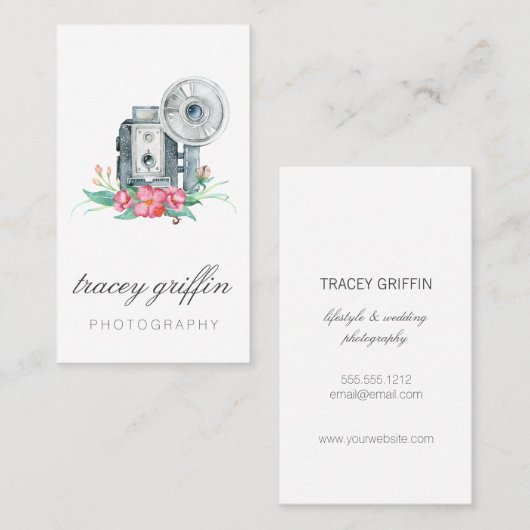 ヴィンテージ水彩カメラと花 名刺 (正面/裏面)