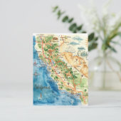 ヴィンテージ水彩カリフォルニア旅行マップアート ポストカード (スタンド正面)