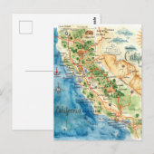 ヴィンテージ水彩カリフォルニア旅行マップアート ポストカード (正面/裏面)