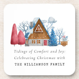 ヴィンテージ水彩クリスマスハウスファミリープラスチック コースター