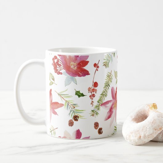 ヴィンテージ水彩クリスマス花模様 コーヒーマグカップ (ドーナツ)