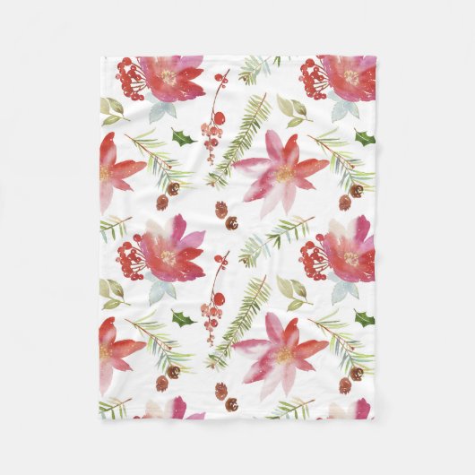 ヴィンテージ水彩クリスマス花模様 フリースブランケット (正面)