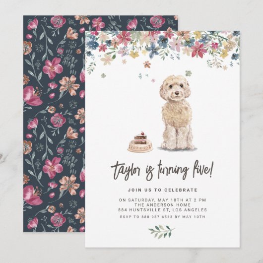 ヴィンテージ水彩コッカプー犬の誕生日パーティー 招待状 (正面/裏面)