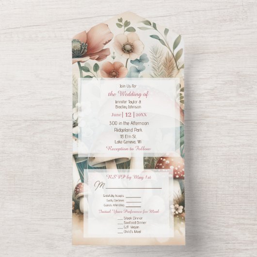 ヴィンテージ水彩コテージコア結婚ズ オールインワン招待状 (内側)