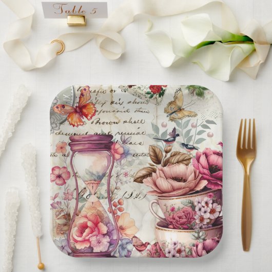 ヴィンテージ水彩コラージュ ペーパープレート (ウェディング)