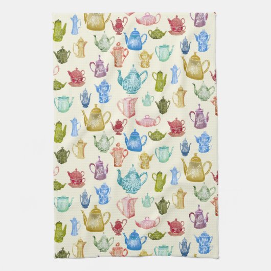 ヴィンテージ水彩ティーポットとコーヒーポット キッチンタオル (縦)