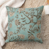 ヴィンテージ水彩ティール(緑がかった色)チノワセリーバード&フラワーズ クッション (ブランケット)