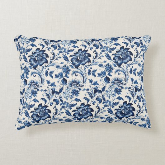 ヴィンテージ水彩デルブルー花レトロ アクセントクッション (正面)