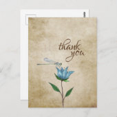 ヴィンテージ水彩トンボ青い花ありがとう ポストカード (正面/裏面)