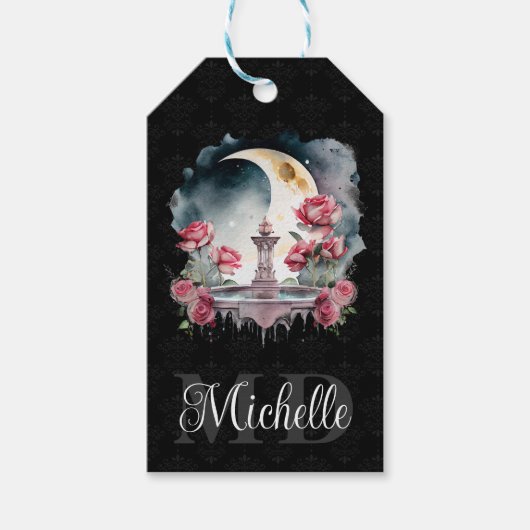 ヴィンテージ水彩ナイトフローラ噴水モノグラム ギフトタグ (正面)