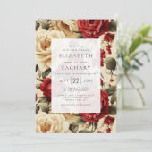 ヴィンテージ水彩バラレッドアイボリーグリーン結婚ズ 招待状 (スタンド正面)