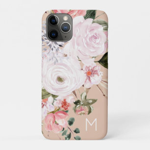ヴィンテージ水彩バラ金ゴールド&ピンクピーニーモノグラム iPhone 11 PROケース