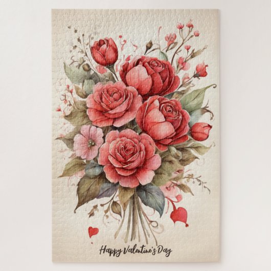 ヴィンテージ水彩バレンタインのブーケ ジグソーパズル (縦)
