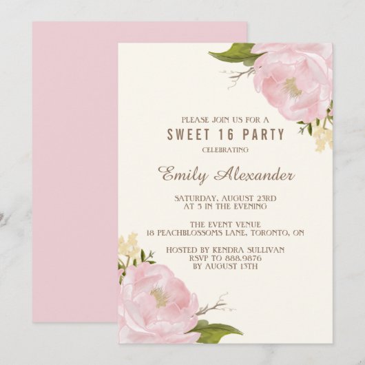ヴィンテージ水彩ピンクの芍薬 スイート16 招待状 (正面/裏面)