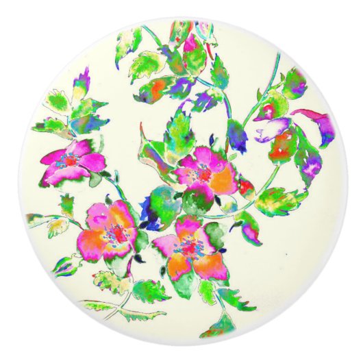 ヴィンテージ水彩ピンクオレンジバラ セラミックノブ (正面)