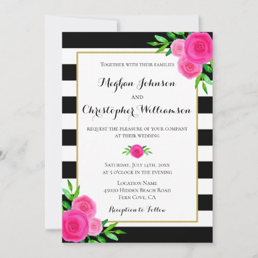 ヴィンテージ水彩ピンクストライプフローラ結婚ズ 招待状 (正面)