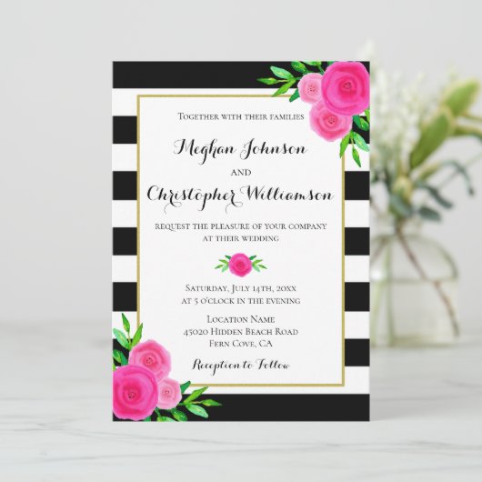 ヴィンテージ水彩ピンクストライプフローラ結婚ズ 招待状 (スタンド正面)