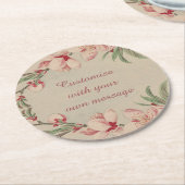 ヴィンテージ水彩ピンクフローラカスタム文字 ラウンドペーパーコースター (アングル)