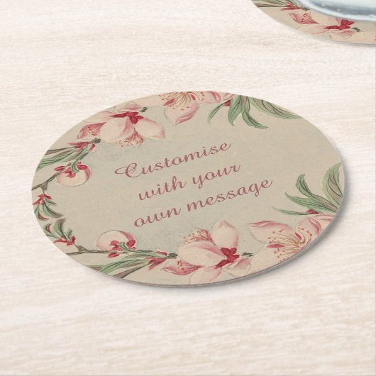 ヴィンテージ水彩ピンクフローラカスタム文字 ラウンドペーパーコースター (アングル)