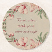 ヴィンテージ水彩ピンクフローラカスタム文字 ラウンドペーパーコースター (正面)