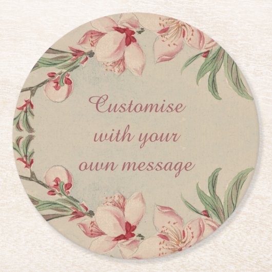 ヴィンテージ水彩ピンクフローラカスタム文字 ラウンドペーパーコースター (正面)