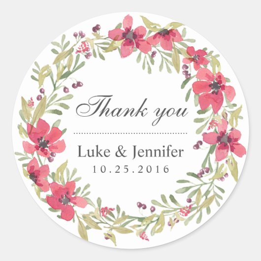 ヴィンテージ水彩ピンクフローラリースシール ラウンドシール (正面)