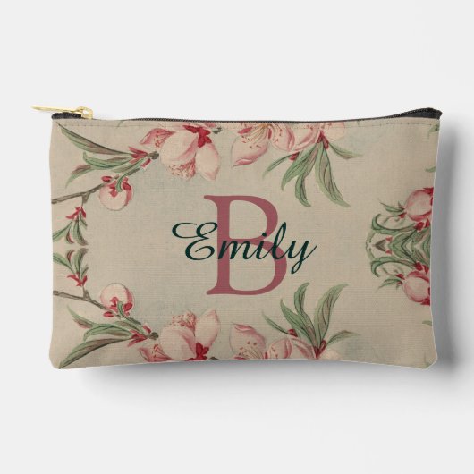ヴィンテージ水彩ピンクフローラ パーソナライズされた アクセサリーポーチ (正面)