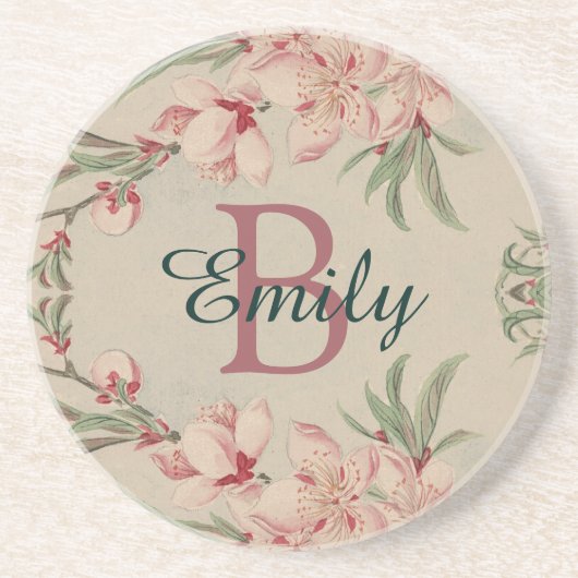 ヴィンテージ水彩ピンクフローラ パーソナライズされた コースター (正面)
