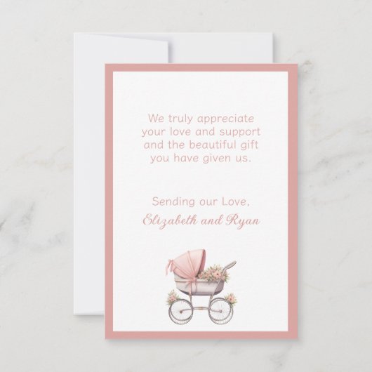 ヴィンテージ水彩ピンクベビーキャリッジベビーシャワー サンキューカード (裏面)