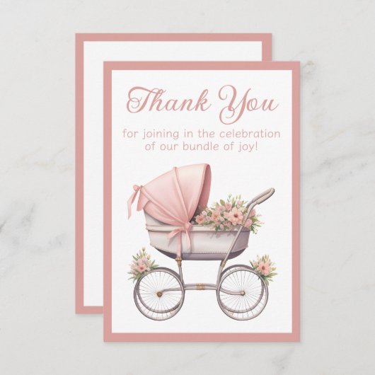 ヴィンテージ水彩ピンクベビーキャリッジベビーシャワー サンキューカード (正面/裏面)