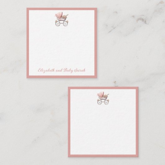ヴィンテージ水彩ピンクベビー台車パーソナライズされた ノートカード (正面/裏面)