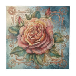 ヴィンテージ水彩ピンクローズ装飾枠 タイル